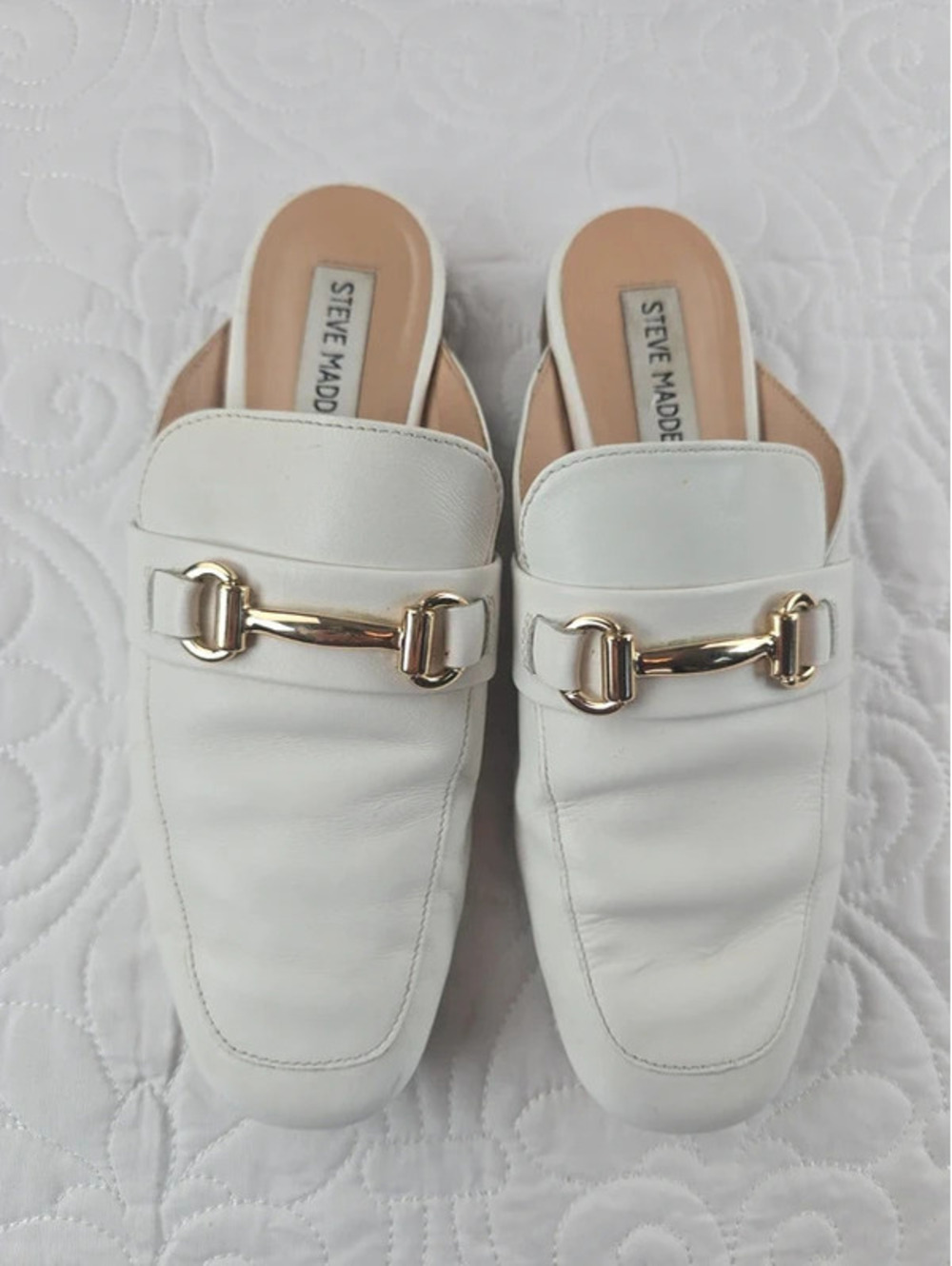 Steve Madden White Gold Horsebit Loafer Mules Slip On Flats Womens Size 6